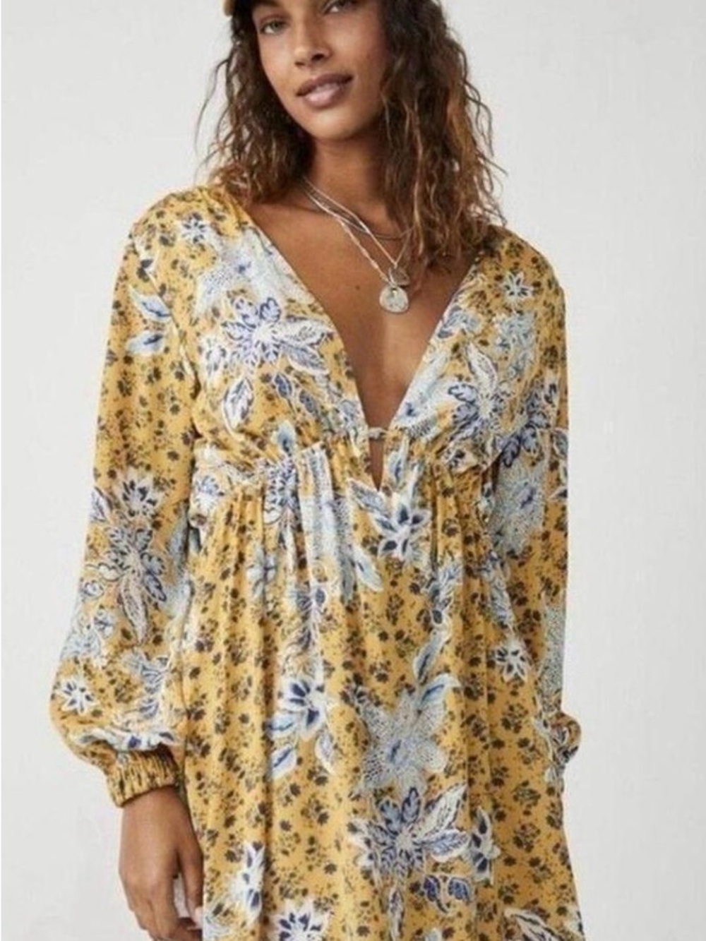 Free People Mustard Floral V-Neck Tunic